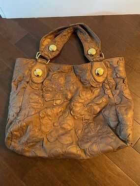 Big Buddha Brown Floral Appliqué Shoulder Bag with Gold Accents